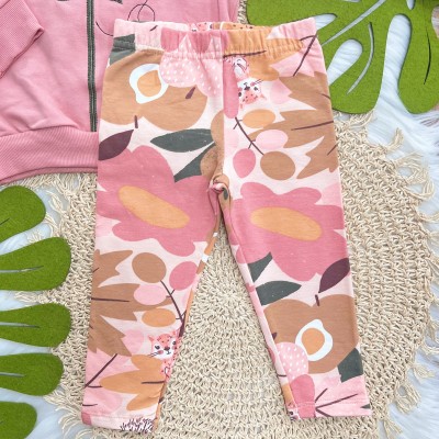 Conj. Casaco Flor Bordada com Pompons e Calça Legging - Rose